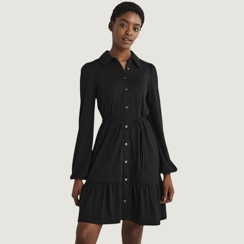 BODEN Black Jersey Shirt Dress 8L Long Sleeve Pockets Work Preppy Minimalist